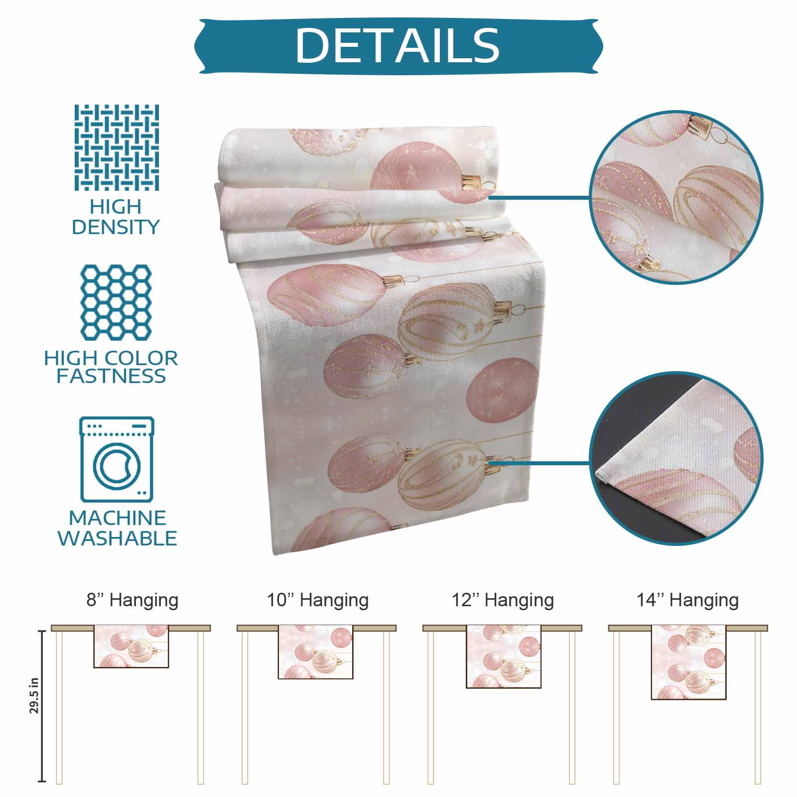 Ldtrchee Pink Christmas Table Runner 108 Inches, Christmas Balls Snowflake Bed Runner Dresser Scarves Tabletop for Indoor Outdoor Parties/Ceremony/Banquet, 13"x 108"