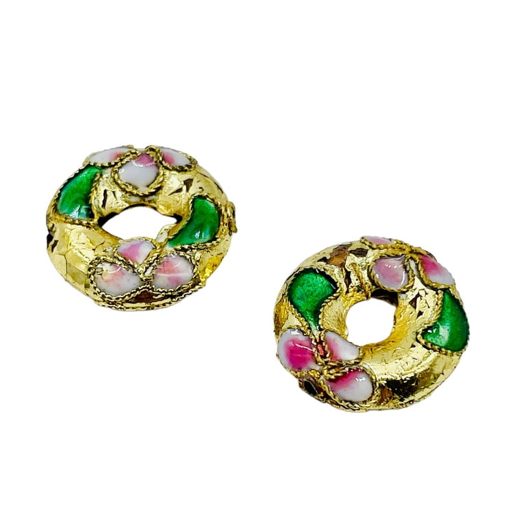 Golden Flowers Cloisonne Pi Circle Beads | 15x4mm(3.5mm Opening) | 2 Beads |, Multicolor