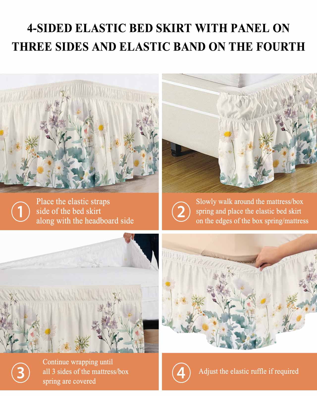 Watercolor Spring Floral Bed Skirt Queen Size,Farmhouse Daisy Green Botanical Wrap Around Bed Skirting with Adjustable Elastic Strap,Dust Ruffle Pleated Bedskirts 16 Inch Drop for Bedroom Queen Beds