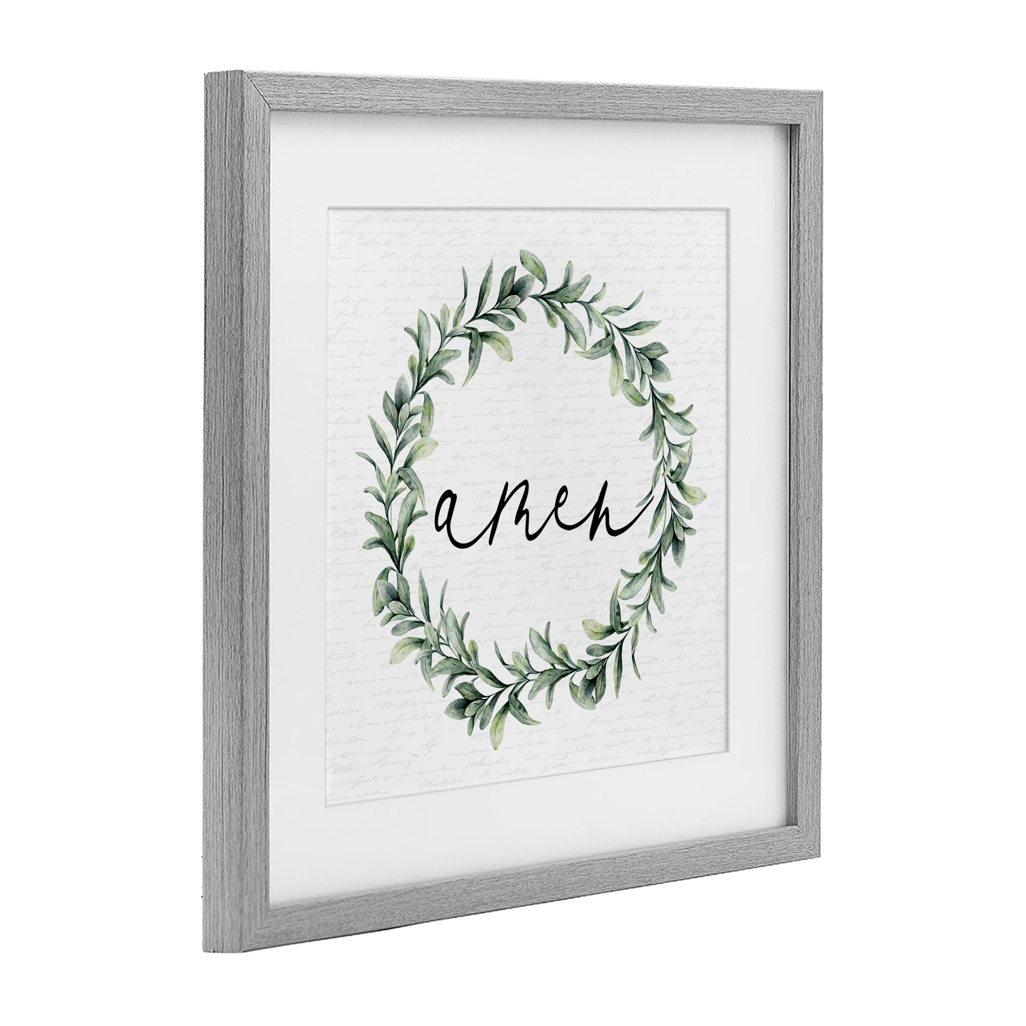 Amen Botanical Wreath & Script Gray Framed Print Under Glass, design by Lettered and Lined