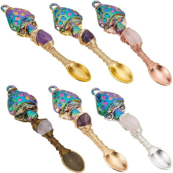 6 Styles Mushroom Natural Gemstone Pendants Wire Wrapped Stone Bulk Pendants Natural Gemstone Charms for Jewelry Making Mushroom Spoon Gemstone Charms Ornament for Necklace