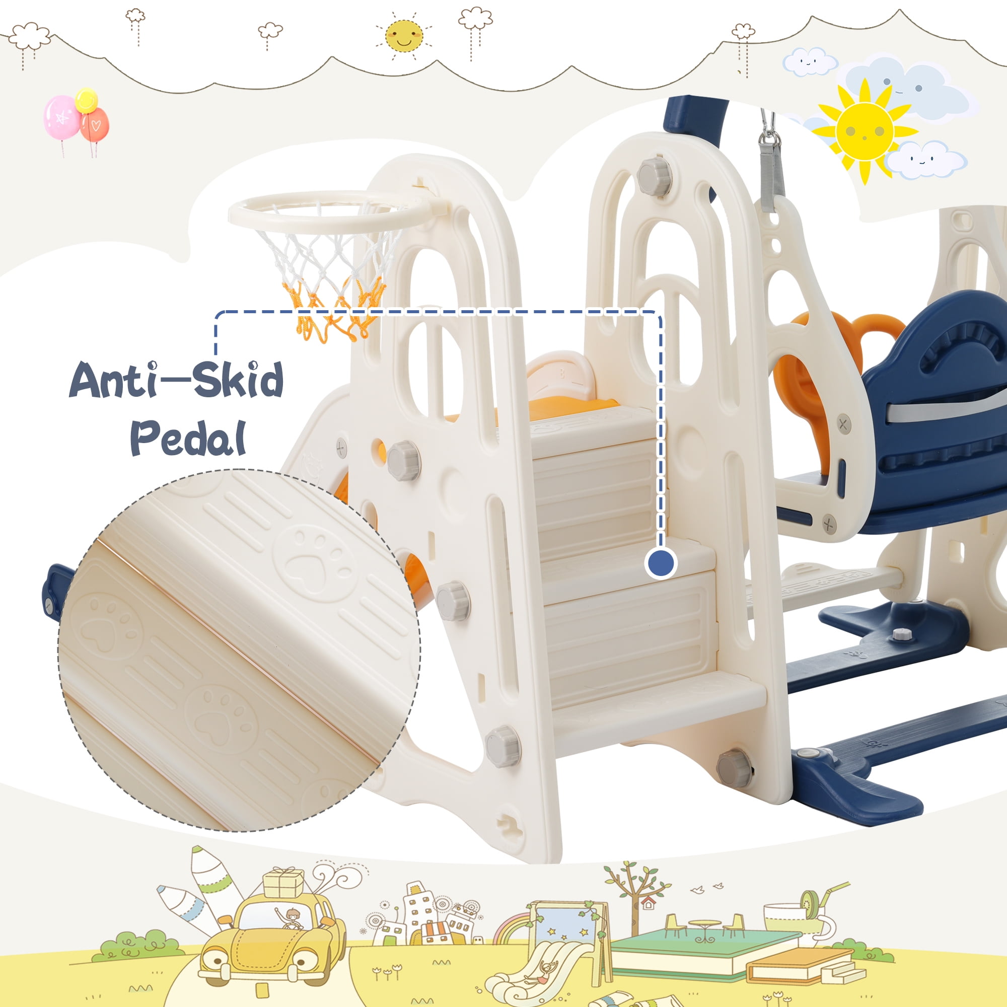 Toddler Slide and Swing Set 3 in 1,Kids Playground Climber Slide Playset with Basketball Hoop,Alphabet Themed Slide, Freestanding Combination for Babies