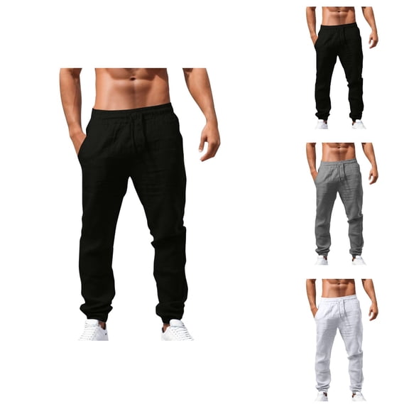 Men’s Pants Cotton Linen Blend, Elastic Waist Relaxed Fit Lounge Pants for Men, Lightweight Casual Trousers for Summer, Travel, Beach or Sleepwear Style S-5XL, Black