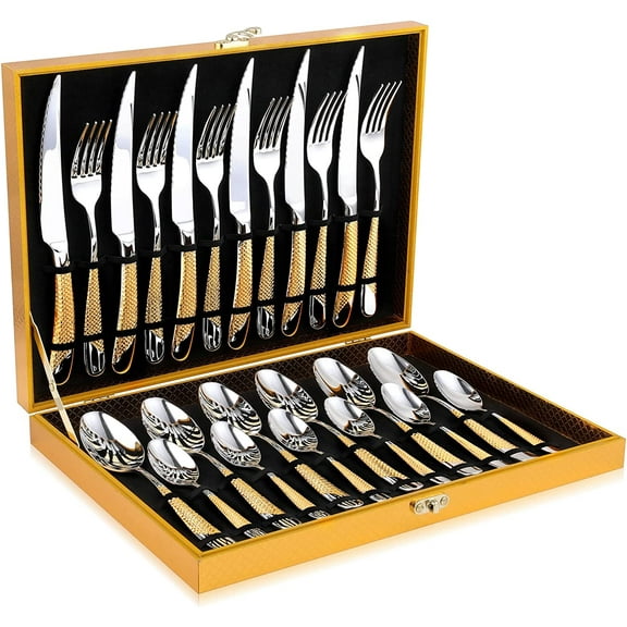 Hammered Silver Gold Silverware Set, 24-Piece 18/10 Stainless Steel Flatware Set, Service of 6