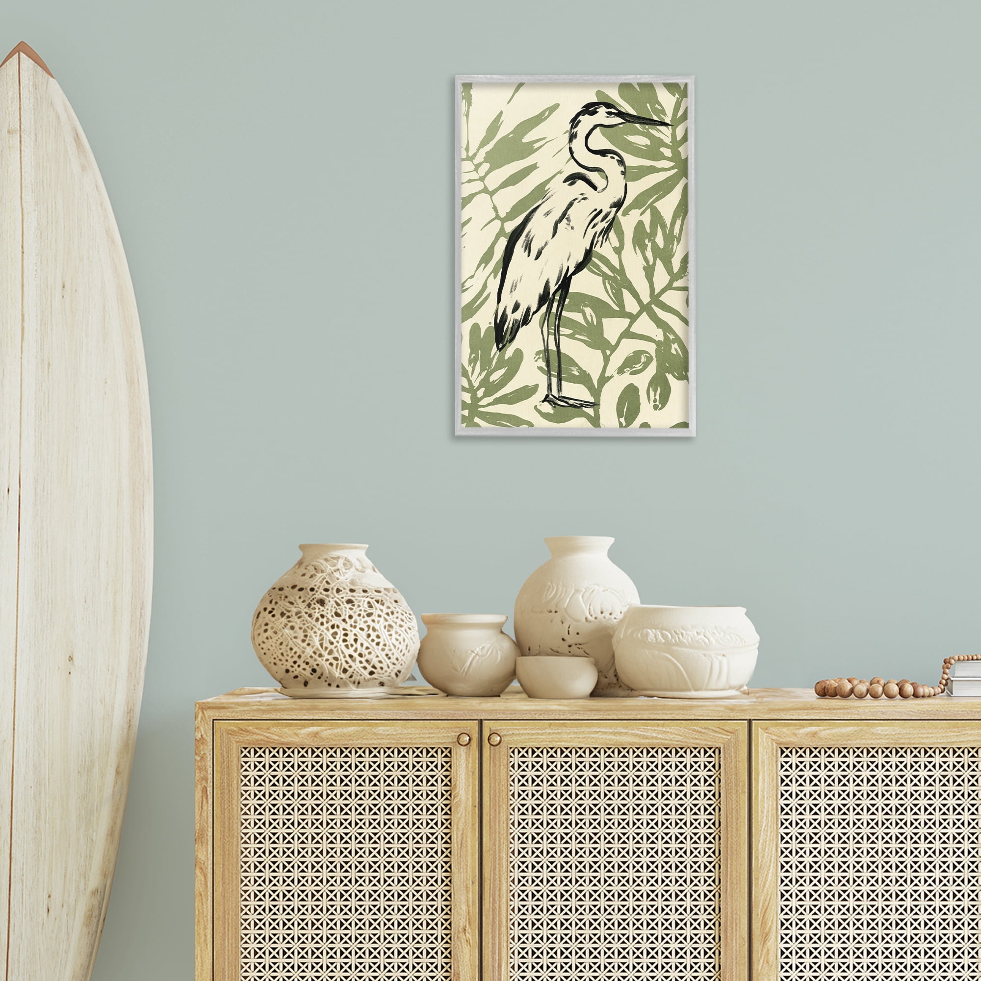 Stupell Industries Tropical Leaves & Bird Animals & Insects Painting Gray Framed Art Print Wall Art, 16 x 24