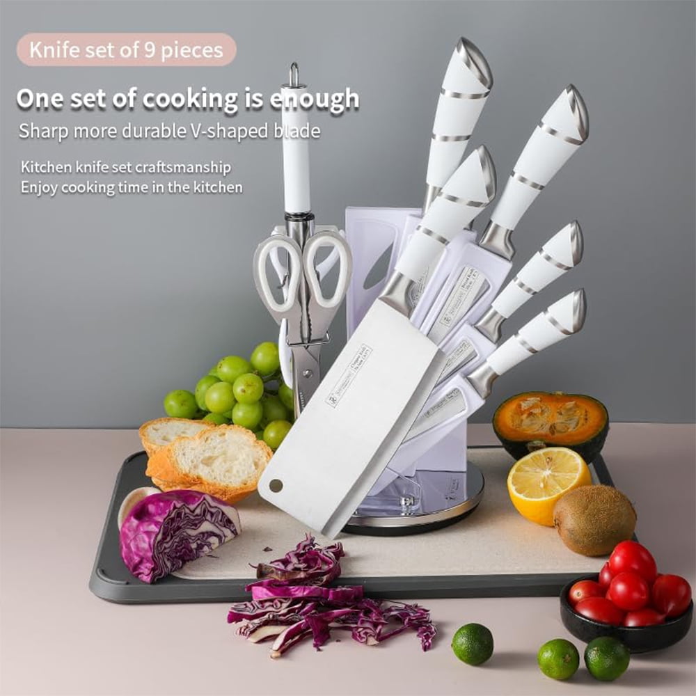Kitchen Knife Set, 9-Piece White Sharp Non-Stick Coated Chef Knives Block Set,Stainless Steel Knife Set for Kitchen with Sharpener for Cutting Slicing Dicing Chopping
