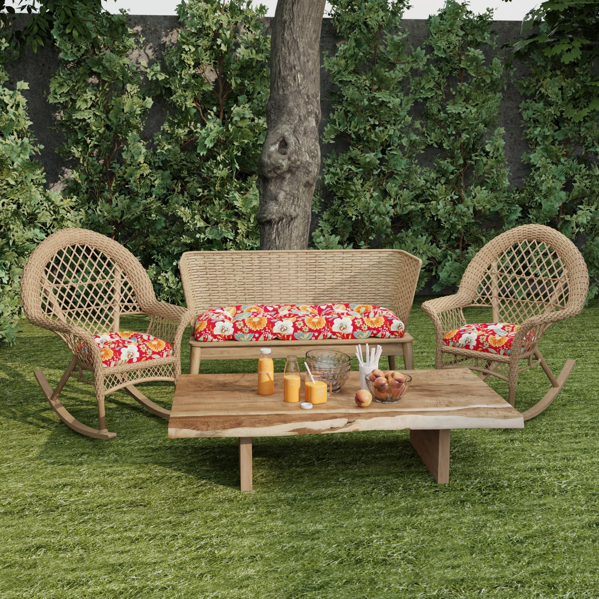 Jordan Manufacturing 3-Piece Avianna Saxony Red Floral Tufted Outdoor Cushion Set with 1 Wicker Bench Cushion and 2 Wicker Seat Cushions
