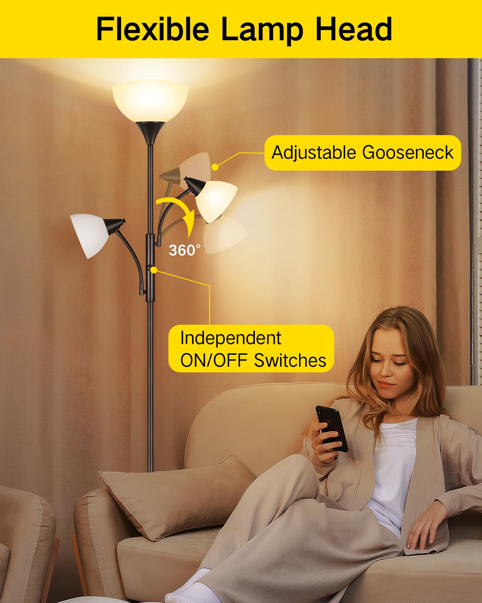 OUTON Torchiere Floor Lamp with Reading Light for Living Room, LED Standing Lampwith Remote Control for Bedroom, Modern Tall Reading Light, Black