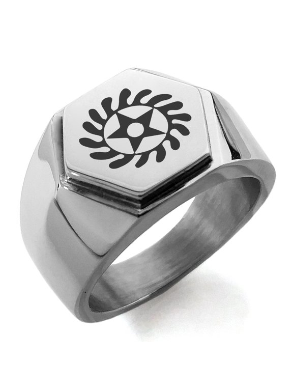 Stainless Steel Aztec Transformation Rune Engraved Hexagon Crest Flat Top Biker Style Polished Ring