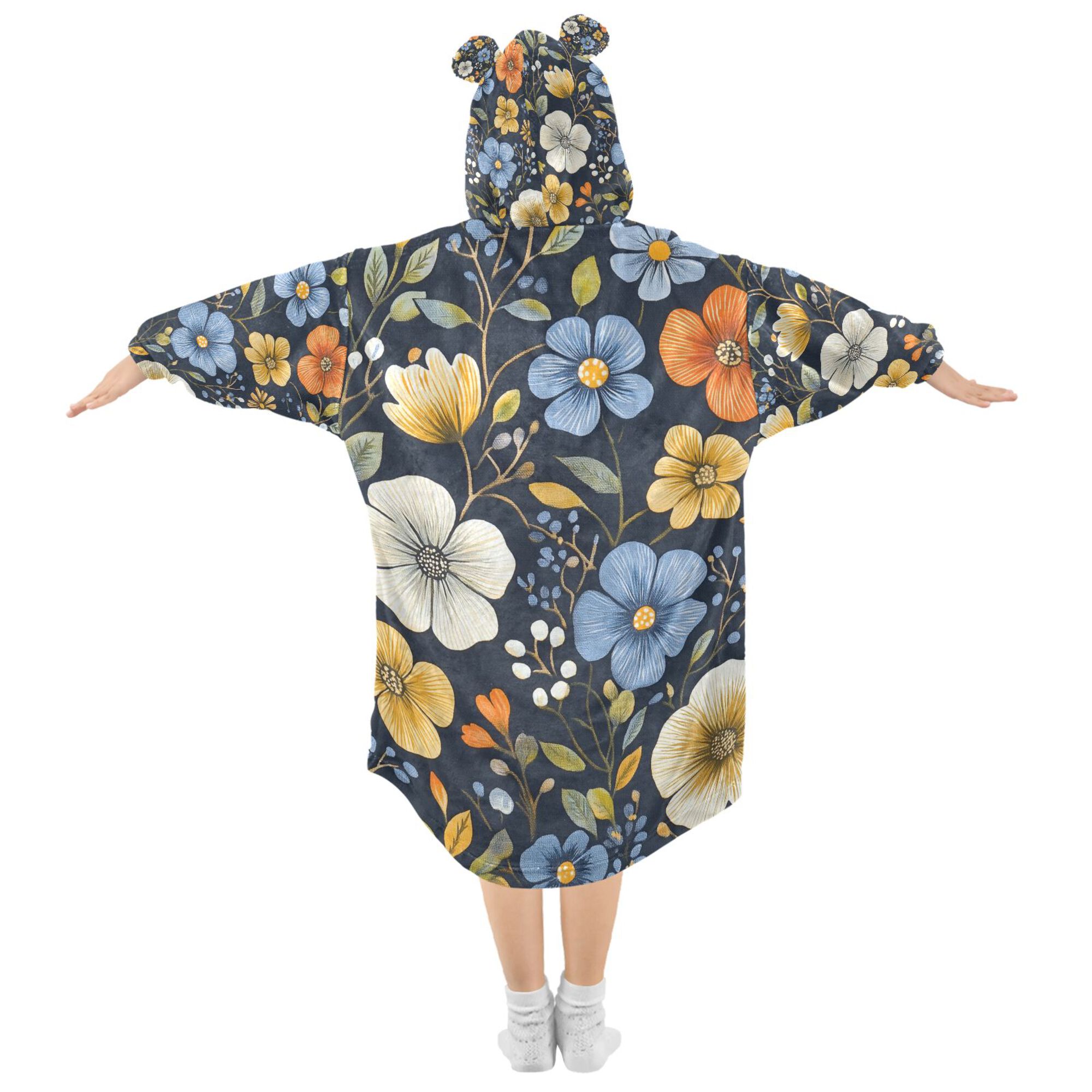 FORMRS Wearable Blanket Hoodie with Sleeves for Kids Cozy Flannel Sweatshirt, Navy Floral Pattern