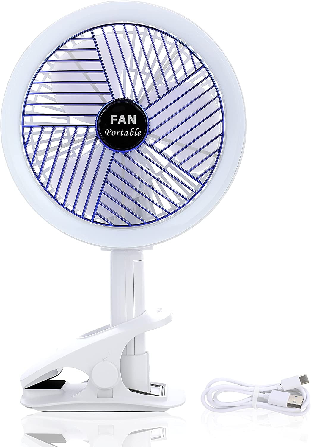 Clip on Fan with LED Lamp, Rechargeable Desk Fan, 4 Speed 360Rotating Detachable Clamp Fan