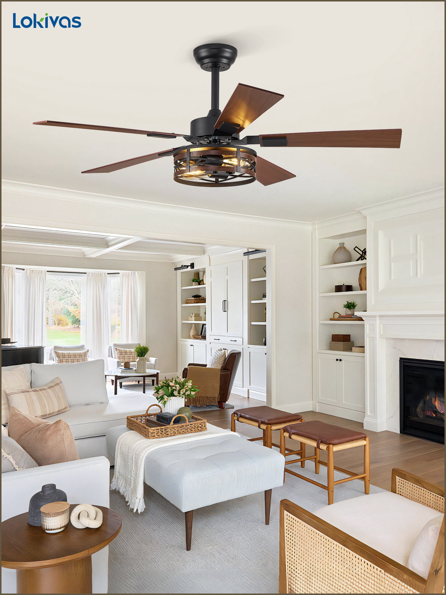 Lokivas 48in Farmhouse Ceiling Fan with Lights, 6-Speed, Remote Control, Quiet DC Motor