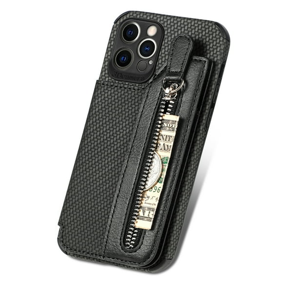 ELEHOLD Zipper Wallet Case for iPhone 14 Plus 6.7 inch Flip Card Slots Stand Function Magnetic Closure Full Body Shockproof Protective Case,Black