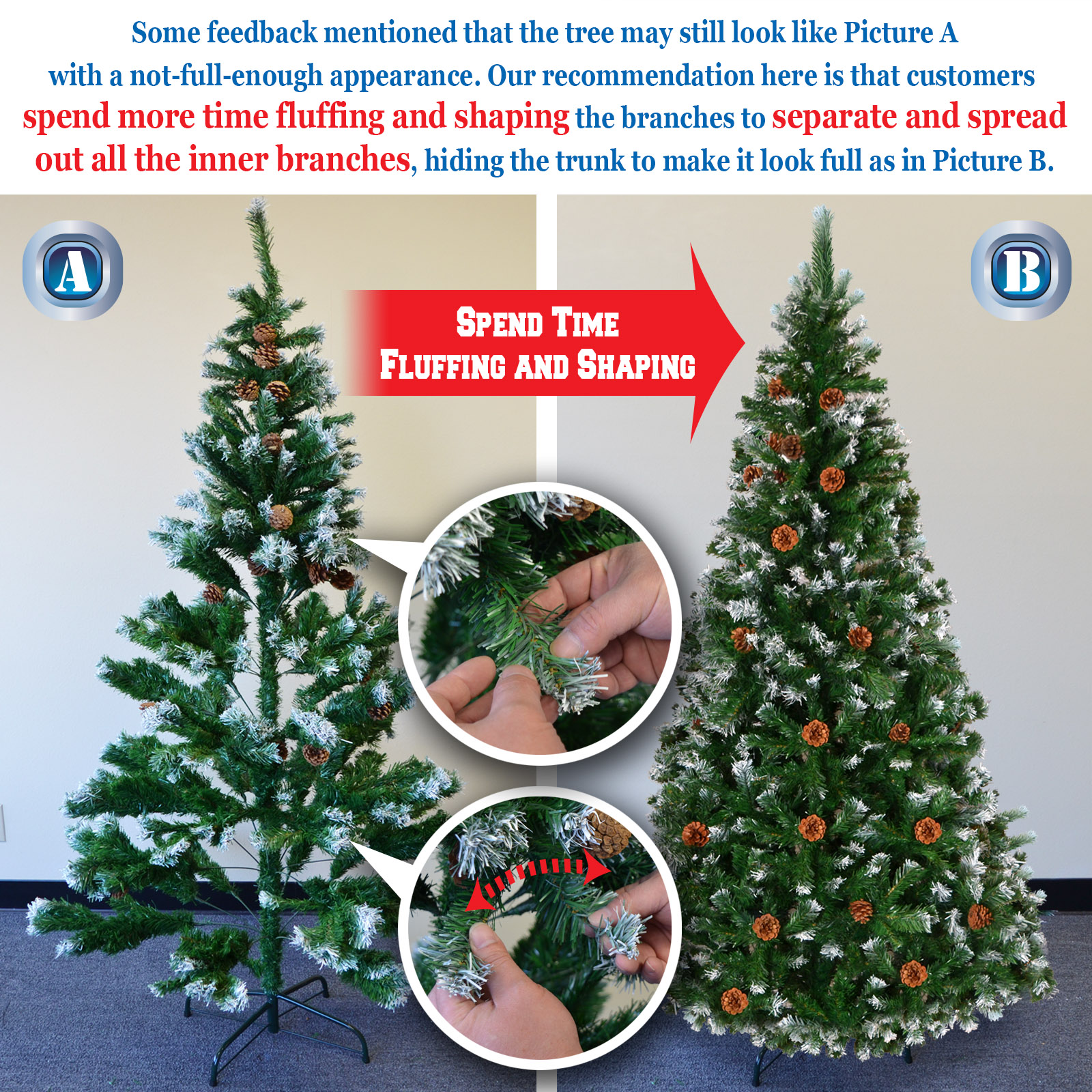 Sunrise Artificial 7' Snow Tipped Christmas Tree with Pine Cones and Steel Stand -Unlit (7' with 1003 Tips and 39 pinecones)