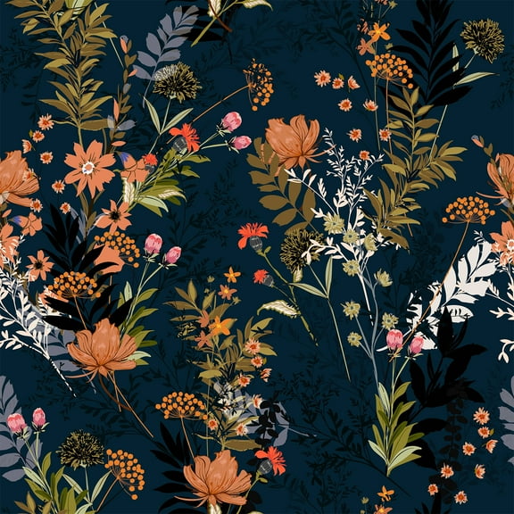 VEELIKE Floral Peel and Stick Wallpaper Midnight Blue Meadow Wildflowers Floral Wallpaper 17.7x118'' Dark Blue Contact Paper for Cabinets Shelves Drawers Removable Wallpaper for Bedroom Bathroom Walls