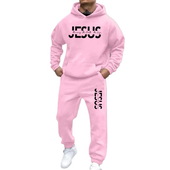 Aihuaihua Mens Christian Sweatsuit 2 Piece Fall Fashion Casual Outfits Jesus Print Hooded Sweatshirt and Baggy Jogging Pants Pink XXXL
