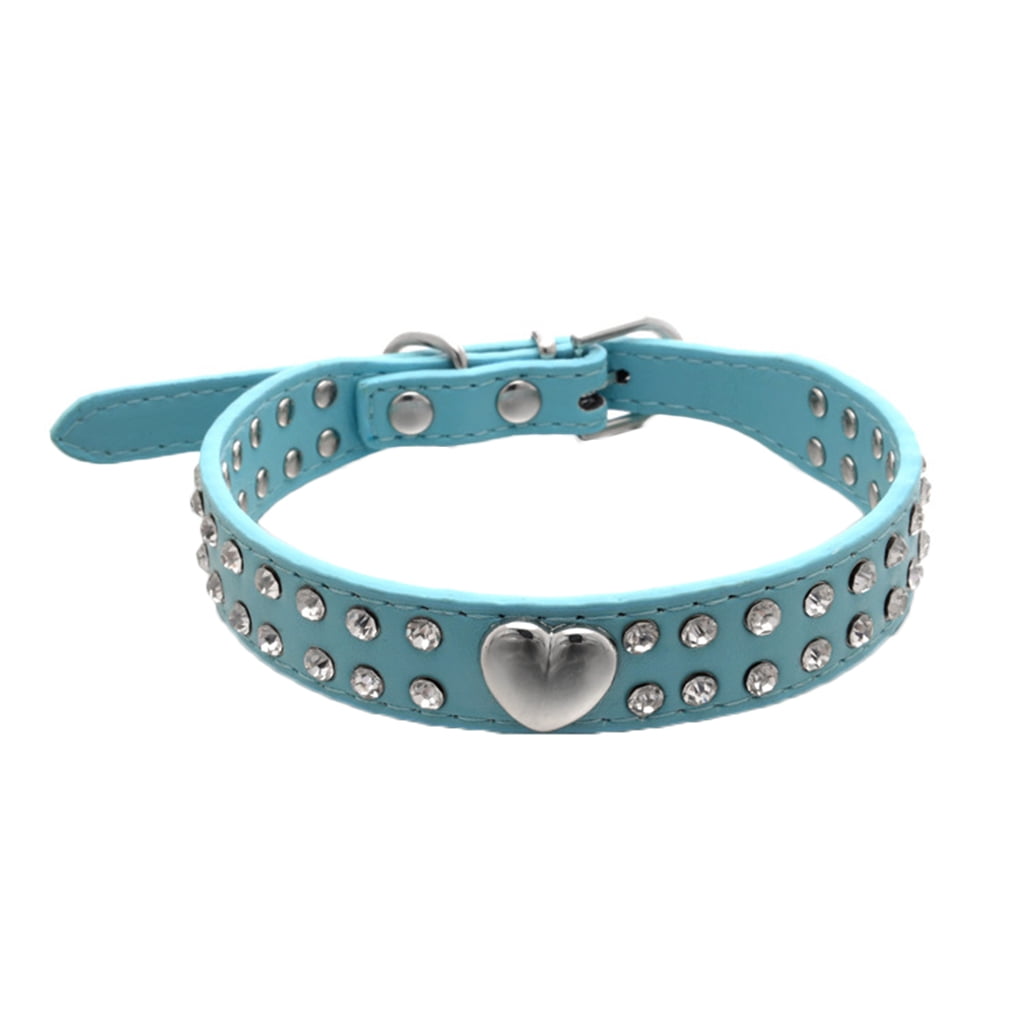 Pet Collar Rhinestones Crystal Heart PU Leather Pet Necklace Jewelry Holiday Gift,Blue,XXS