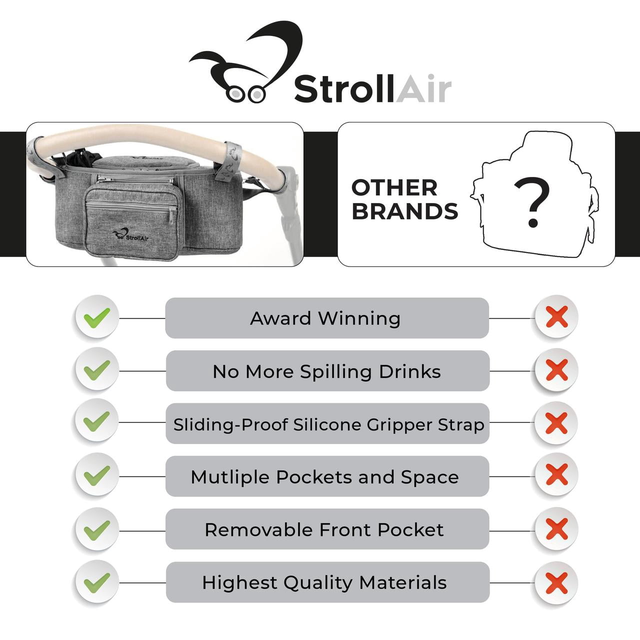 StrollAir - Universal Organizer for Single Strollers - Compatible with CosmoS, SOLO, Nuna, Baby Jogger, Bumbleride, Uppababy, Bugaboo - Black (Black)