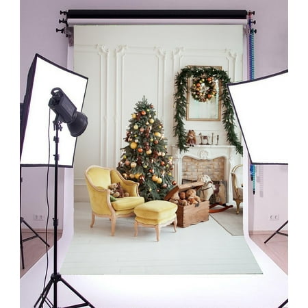 Image of GreenDecor 5x7ft Christmas Photography Backdrop Tree Interior Decorations Fireplace Garland Yellow Sofa White Wall Mirror Bear Doll Trojan Horses Back
