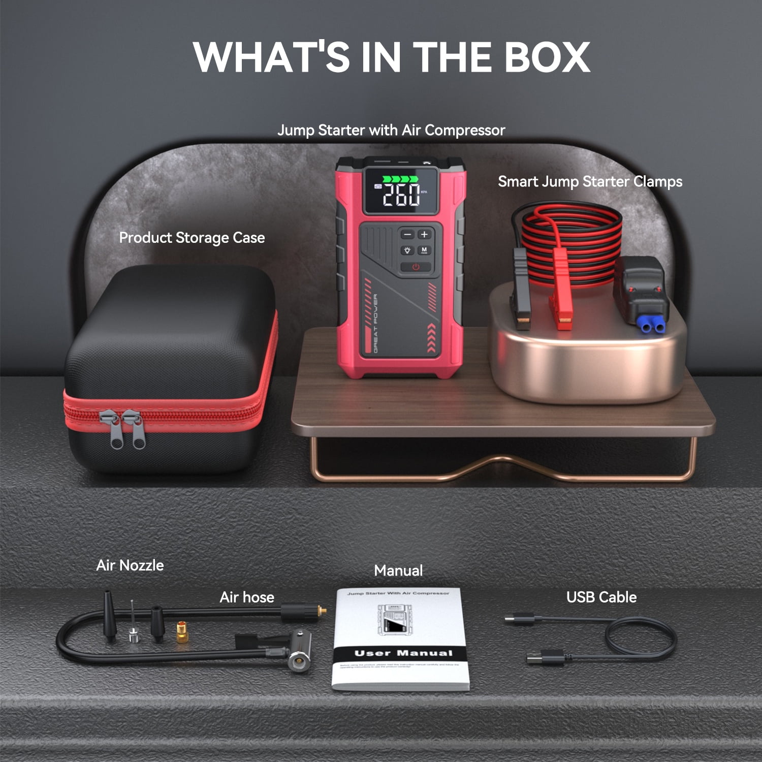 Pabulum 4500A Jump Starter with Air Compressor,12V Car Battery Booster & 150PSI Tire Inflator for 8.5L Gas/7.0L Diesel