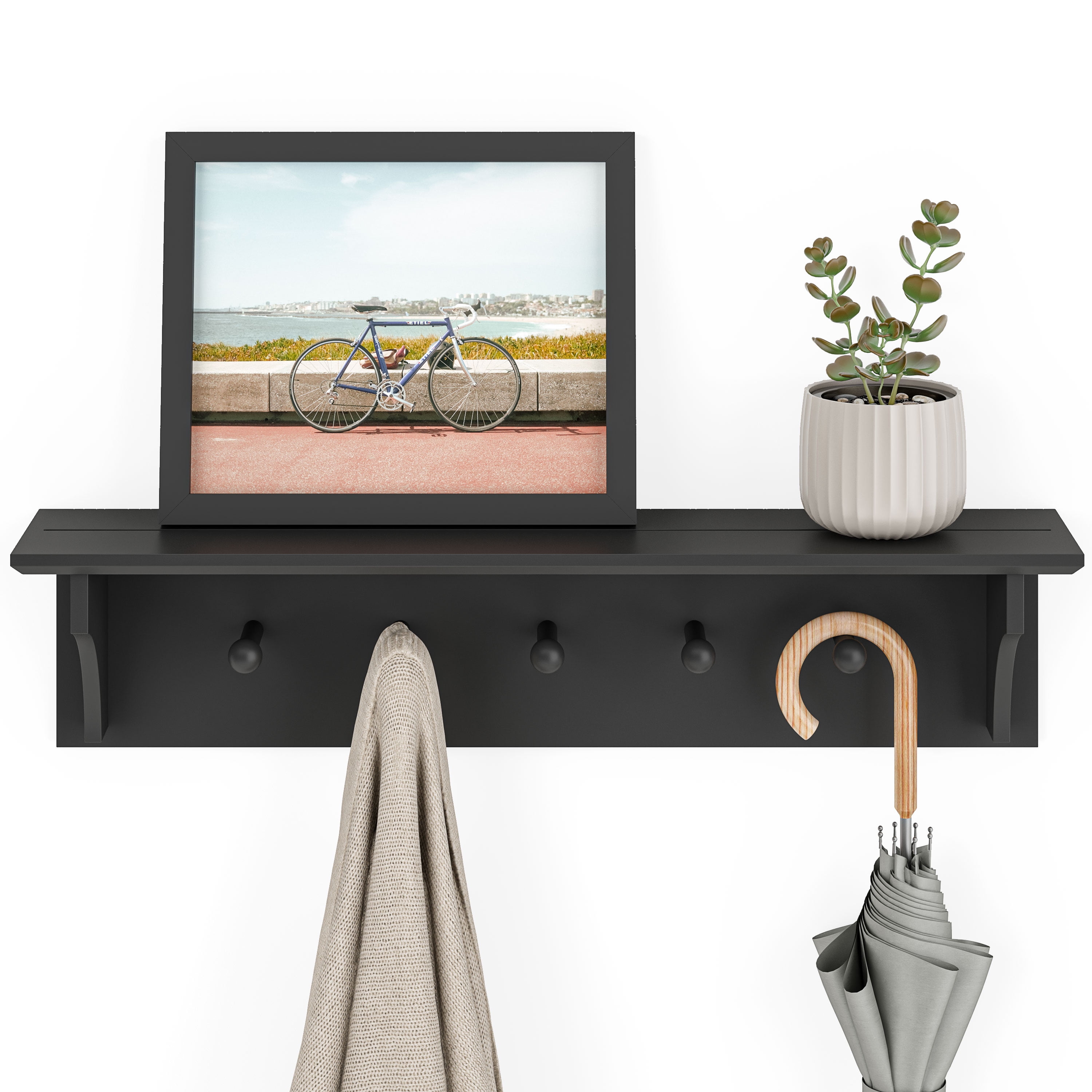 Ballucci Wall Coat Rack Shelf, Entryway Floating Shelf Rack, 5 Pegs, 24", Black