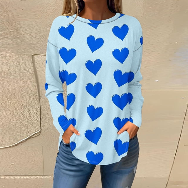 Meichang Chemises à Manches Longues pour Femmes Valentines Day Tops Vacances Col Rond Cœur T-Shirts Graphiques Tendance Ourlet Courbe Tunique Tops Grande Taille