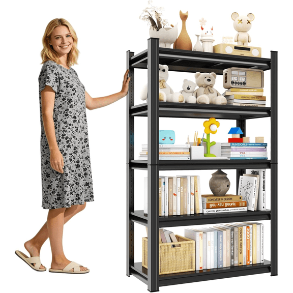5-Tier Bookshelf, 63"H Adjustable Open Display Shelf Bookcase for Home Office & Living Room, Sturdy Metal Storage Shelf with Stable Structure, 3000LBS Ideal for Storage Rack, 36" W Black
