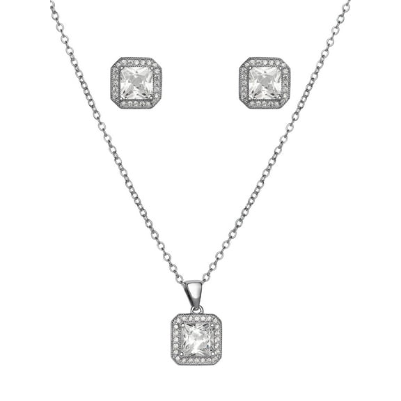 Believe by Brilliance Women's Square Cubic, Earrings and Pendant Set, Brass and Silver-Plated Chain