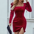 thumbnail image 2 of Summer Dresses For Women 2023 Cocktail Women Black Solid Club Night Square Collar Long Sleeve Puff Sleeve Velvet Bodycons Party Split Fork Short Dress Formal Split Sling Bodycon Dress, 2 of 6