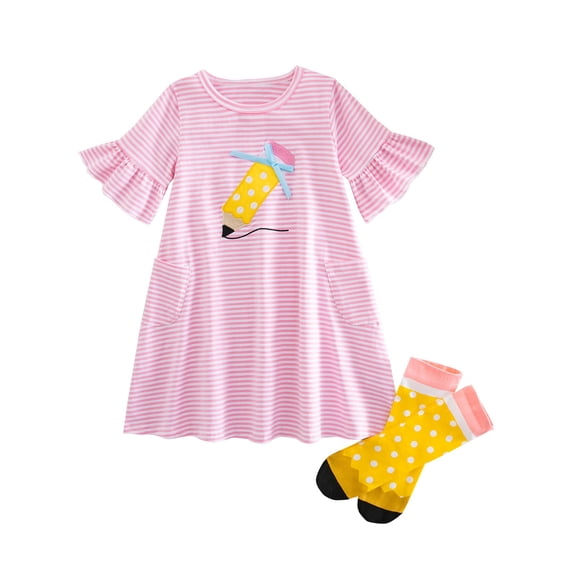 HAYIMI Girls Summer Striped Dress Outfit Sets With Socks Short Sleeve Casual Two Piece Clothes Sets For Toddler Kids Trendy Clothing Sets