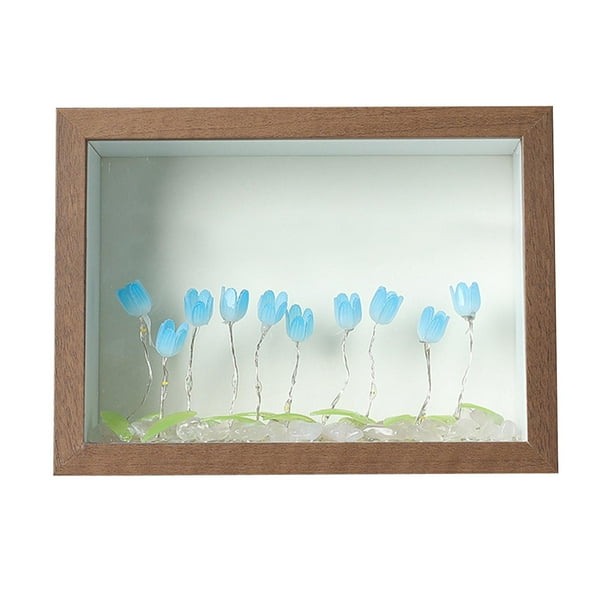 Marcos de madera resistentes para bodas DIY Marco de fotos de tulipán Flor azul marrón Marrón Flor Azul