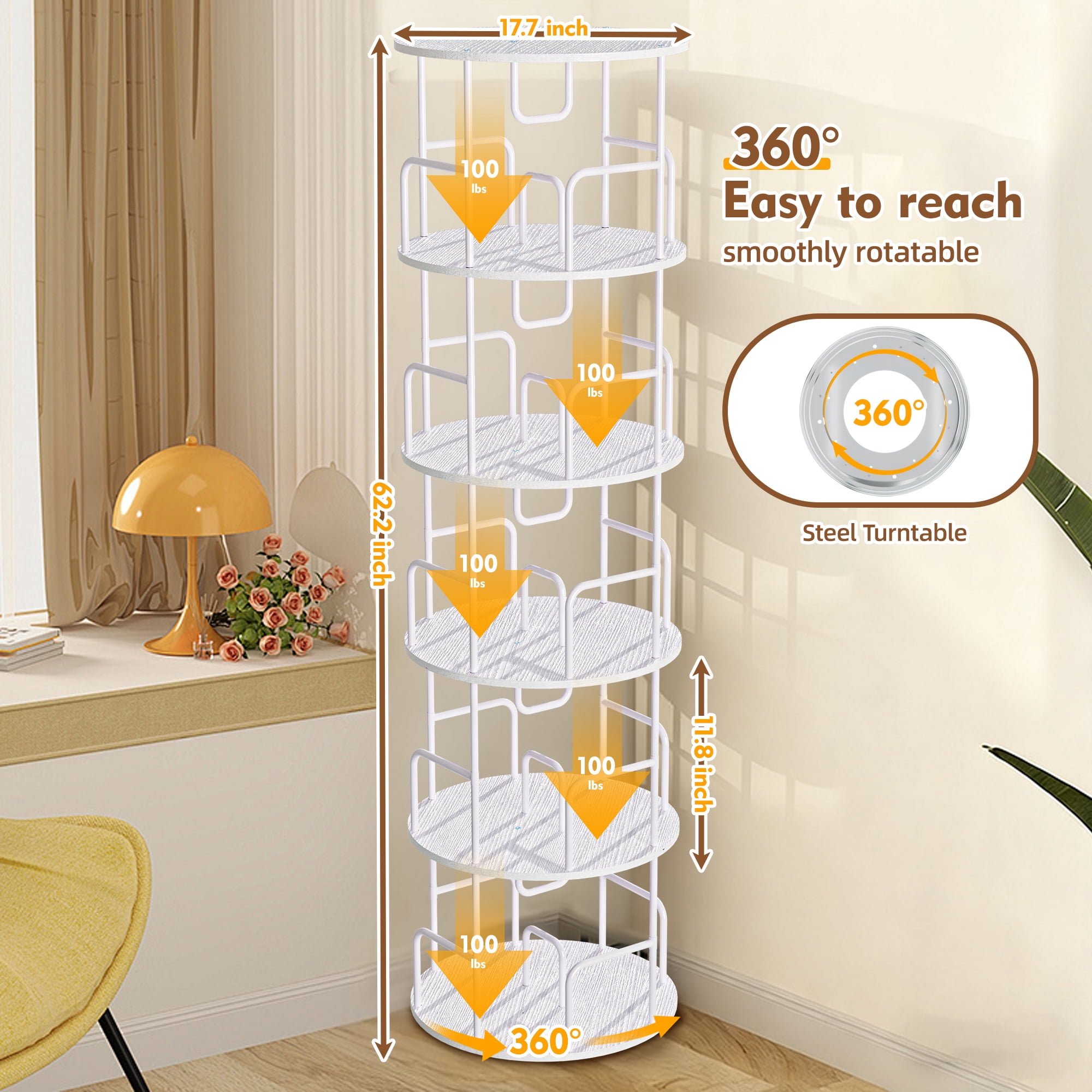 Rotating Bookshelf Tower 5 Tier,Spinning Bookcase, Revolving 360 Book Shelf Narrow Tall Bookcase, Vertical Turning Round storage Bookshelf ,Book Shelf Organizer for Bedroom, Living Room, White