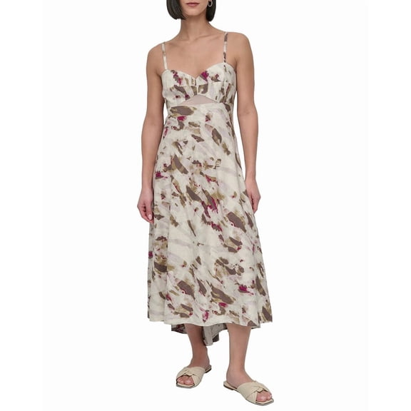 DKNY womens Printed Linen-Blend Midi Dress, 4