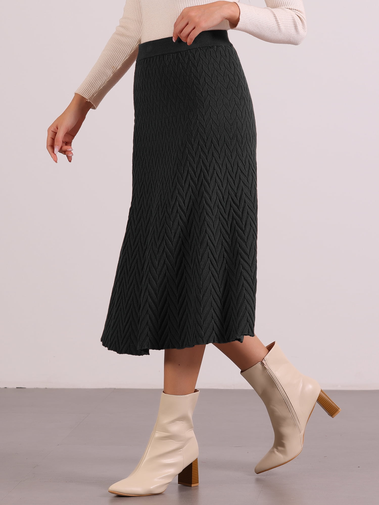 DARING DIVA Women's High Waist Fall Stretchy Fishtail Cable Knit Midi Skirts M Black