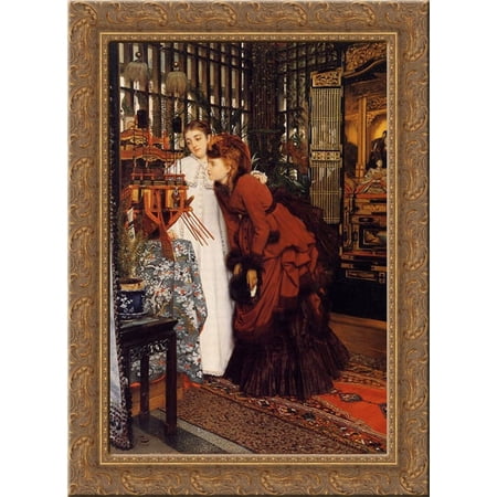 Young Women Looking at Japanese Objects 19x24 Gold Ornate Wood Framed Canvas Art by Tissot, James Jacques Joseph