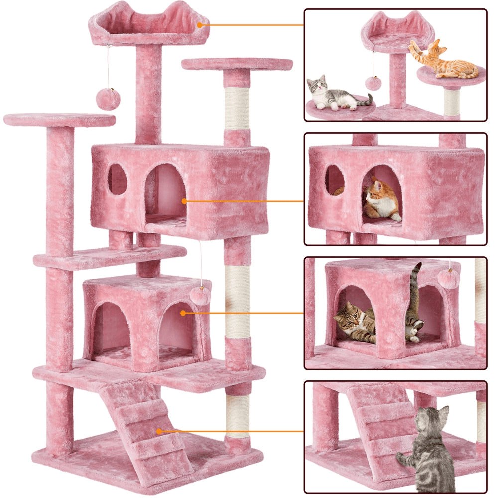Alden Design 54.5" H Double Condo Cat Tree with Scratching Post Tower, Pink
