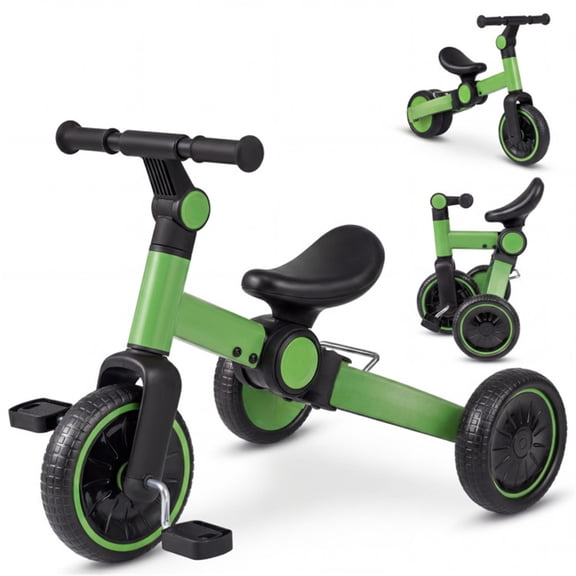 5-In-1 Foldable Toddler Tricycle, Adjustable Handlebar & Ergonomic Seat with Removable Pedals - Green
