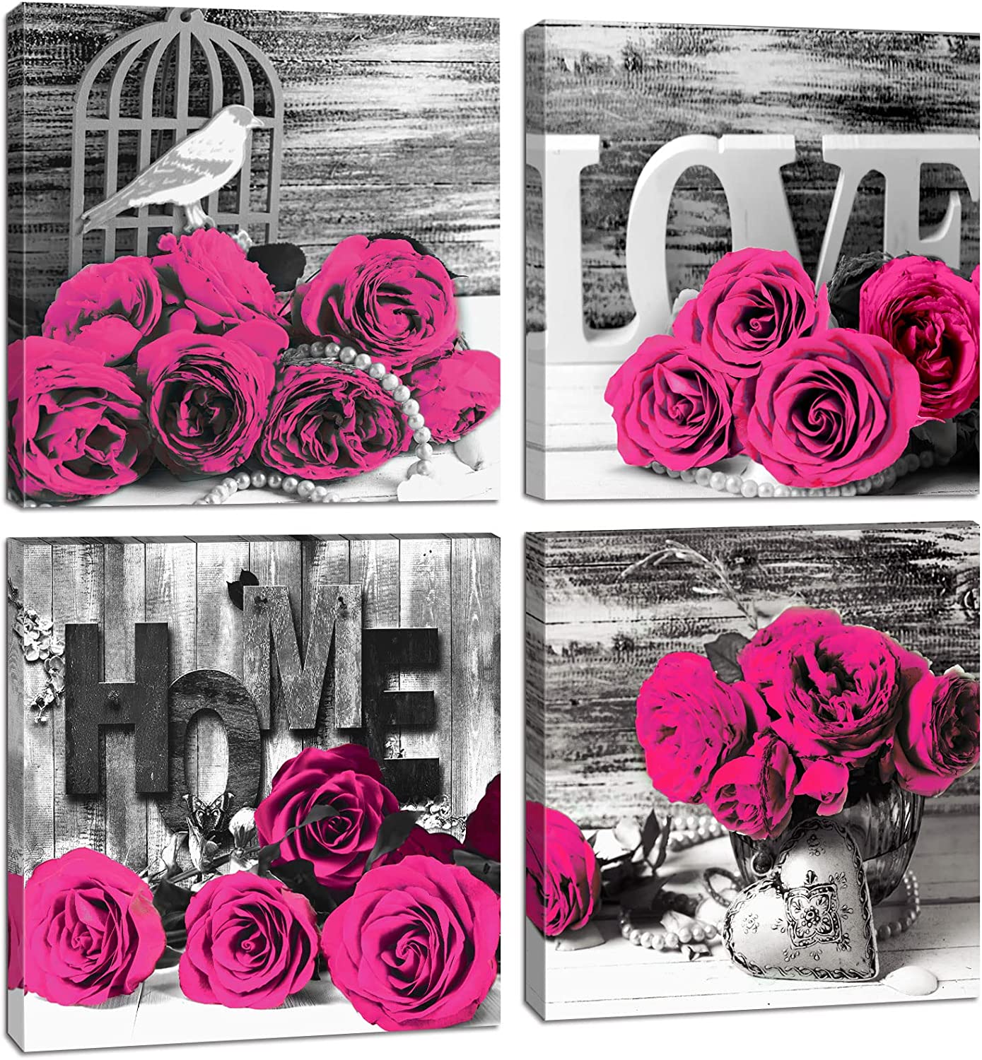 Hot Pink Rose Wall Decor for Living Room Flower Wall Art Bedroom Retro