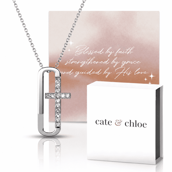 Cate & Chloe Lona 18k White Gold Plated Cross Necklace & Blessed by Faith Tan Sand Card