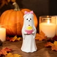 thumbnail image 4 of XHKUYI Halloween Ghost Figurine 3.15 inch, Resin Blue Bow Ghost Statue Holding Mini Ghost, Halloween Tabletop Figurine for Home Shelf Party Display, 4 of 6