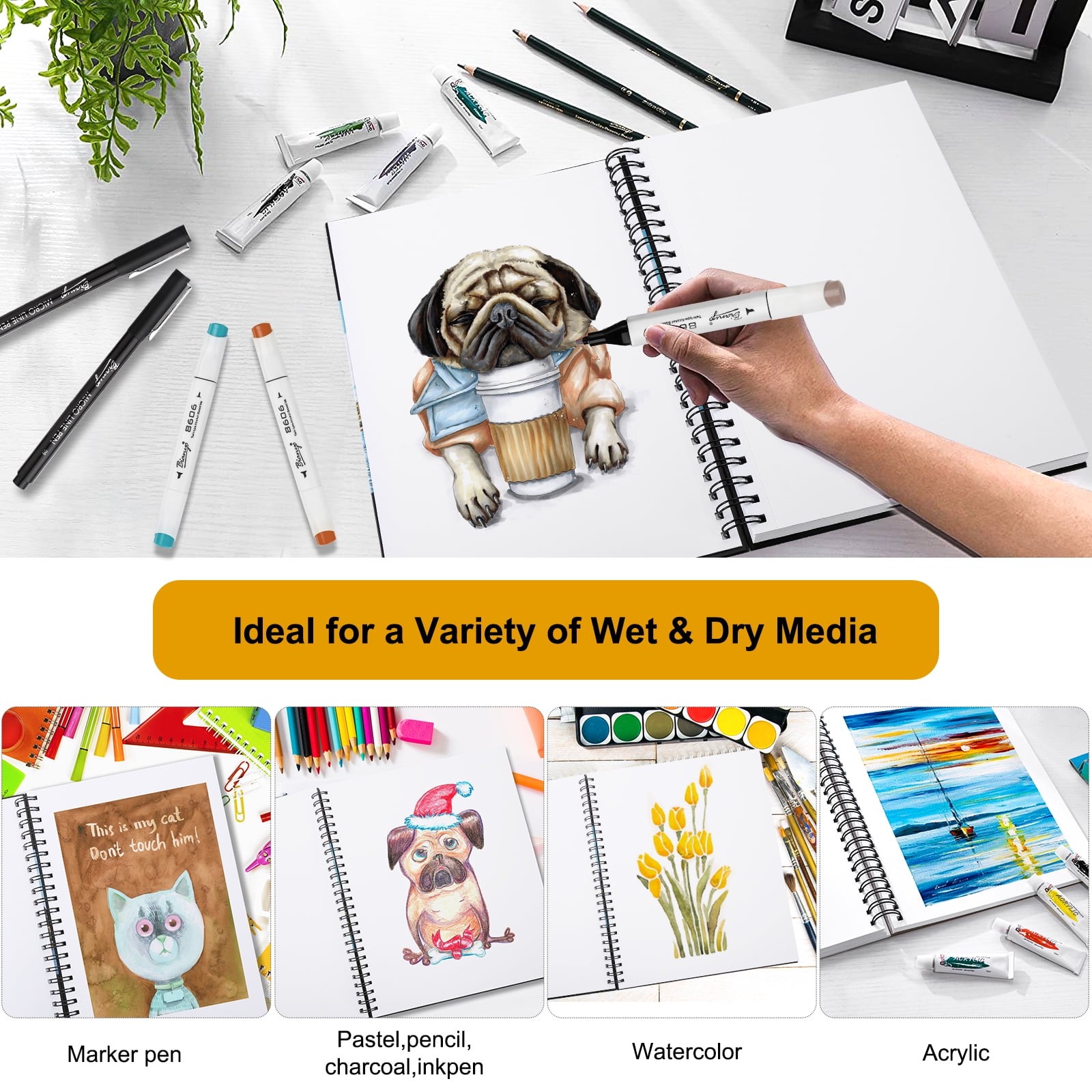 Bianyo Mixed Media Paper Pad, A4 (8.26" X 11.69"), 60 Sheets/Each, 123 LB/200 GSM, Pack of 2 Pads, Spiral-Bound Pad, Ideal for Wet & Dry Media Like Art Marker, Watercolor, Acrylic, Pastel, Pencil