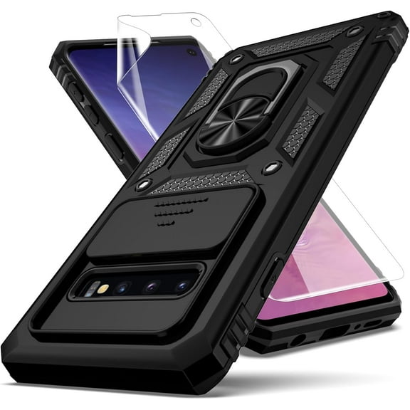 for Samsung Galaxy S10 Case,with Camera Lens Cover HD Screen Protector,[Military Grade] Ring Car Mount Kickstand Hybrid Hard PC Soft TPU Shockproof Protective Case for Galaxy S10-Black