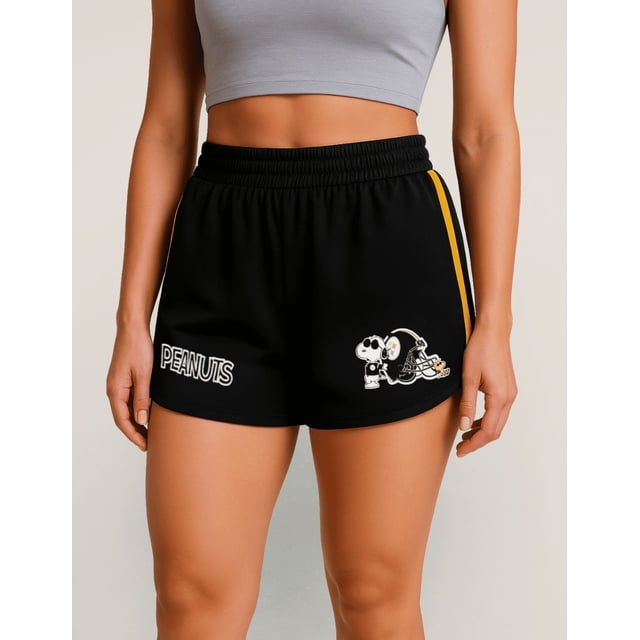 NFL-PEANUTS Short Deportivo Pittsburgh Steelers Negro para Mujer, Talla Chica