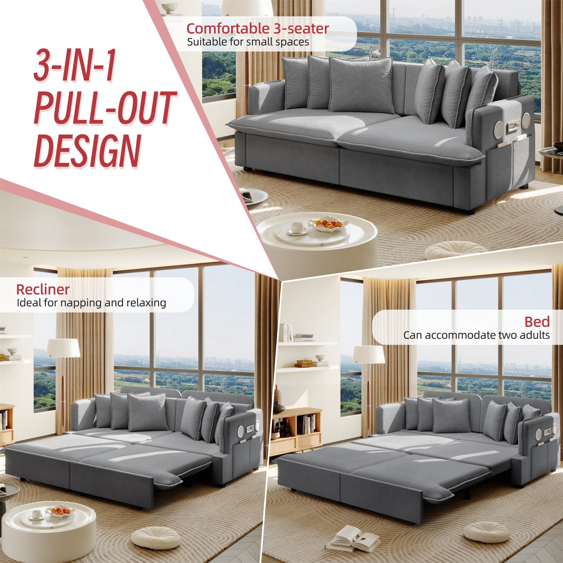 Alvantor 3 in 1 Convertible Sleeper Sofa Bed, 68" W Pull Out Sofa Bed with Bluetooth Speakers, USB Ports for living room, Apartment, Grey