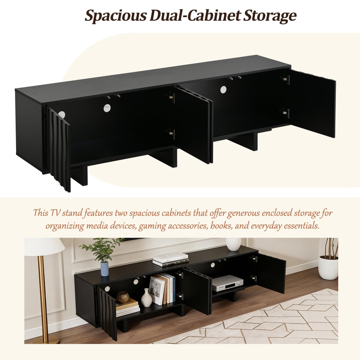 70" Wood Grain TV Stand for TVs up to 75 Inch, Mid Century Modern Entertainment Center with Storage Cabinet and Wavy Door, Media TV Console for Living Room, Black