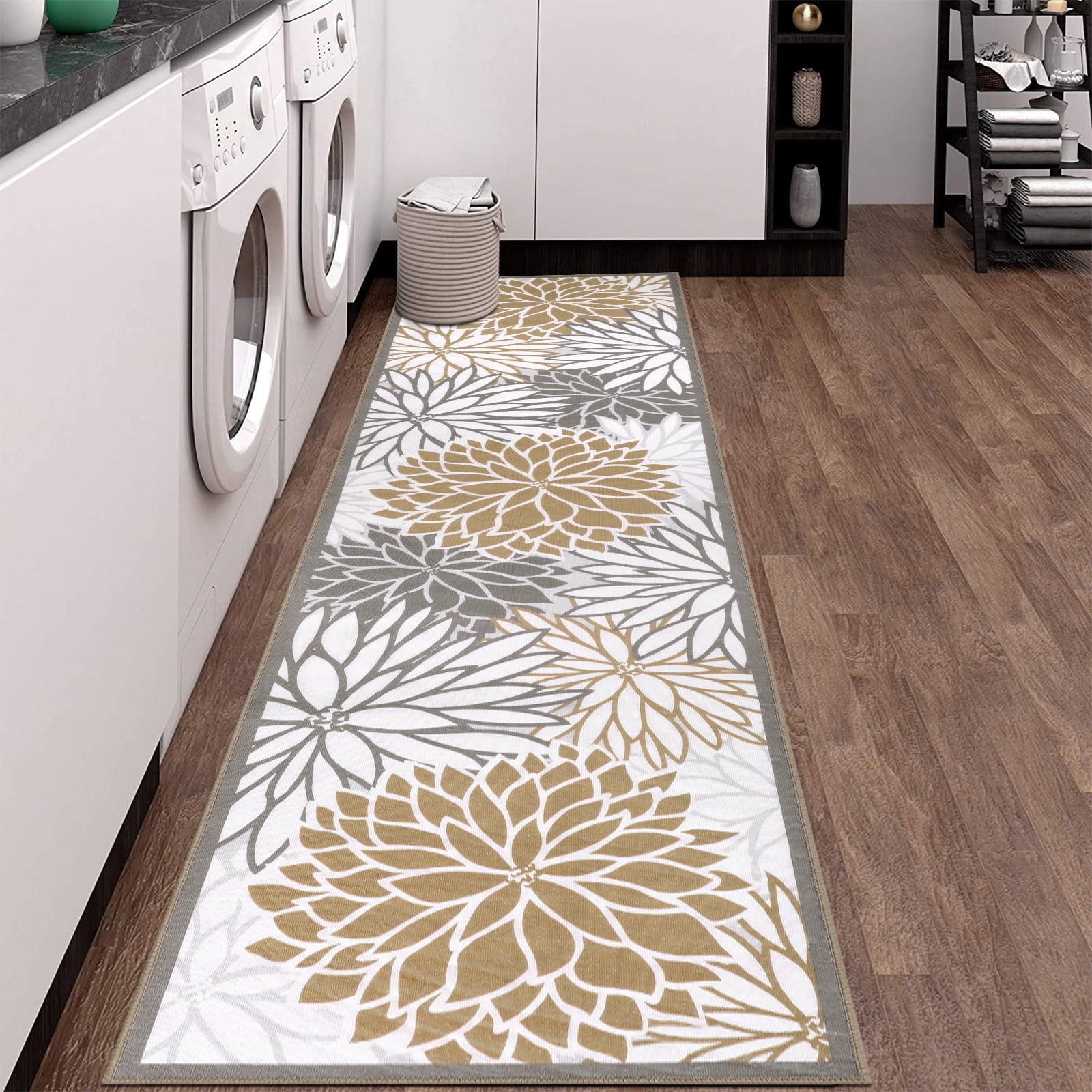 MeyJey 2'x10' Floral Runner Rug for Hallways, Oriental Non Slip Machine Washable Area Rugs Vintage Floor Carpet for Bedroom Kitchen Dinning/Living/Laundry Room, Brown/Gray