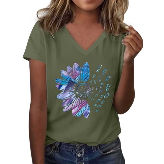 T Shirts For Women Womens Tops Graphic Shirts Sunflower Pattern Print Crew Neck Short Sleeve Tees Loose Tshirts Cute Casual Teacher Outfits