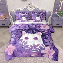 Homewish Cute Kitten Animal Bedding Comforter Set 7 Pieces for Teen, Cartoon Garden Cat Full Bedding Set, Dreamy Purple Flower Reversible Fitted Sheet Flat Sheet, Luxury Bedroom Decor