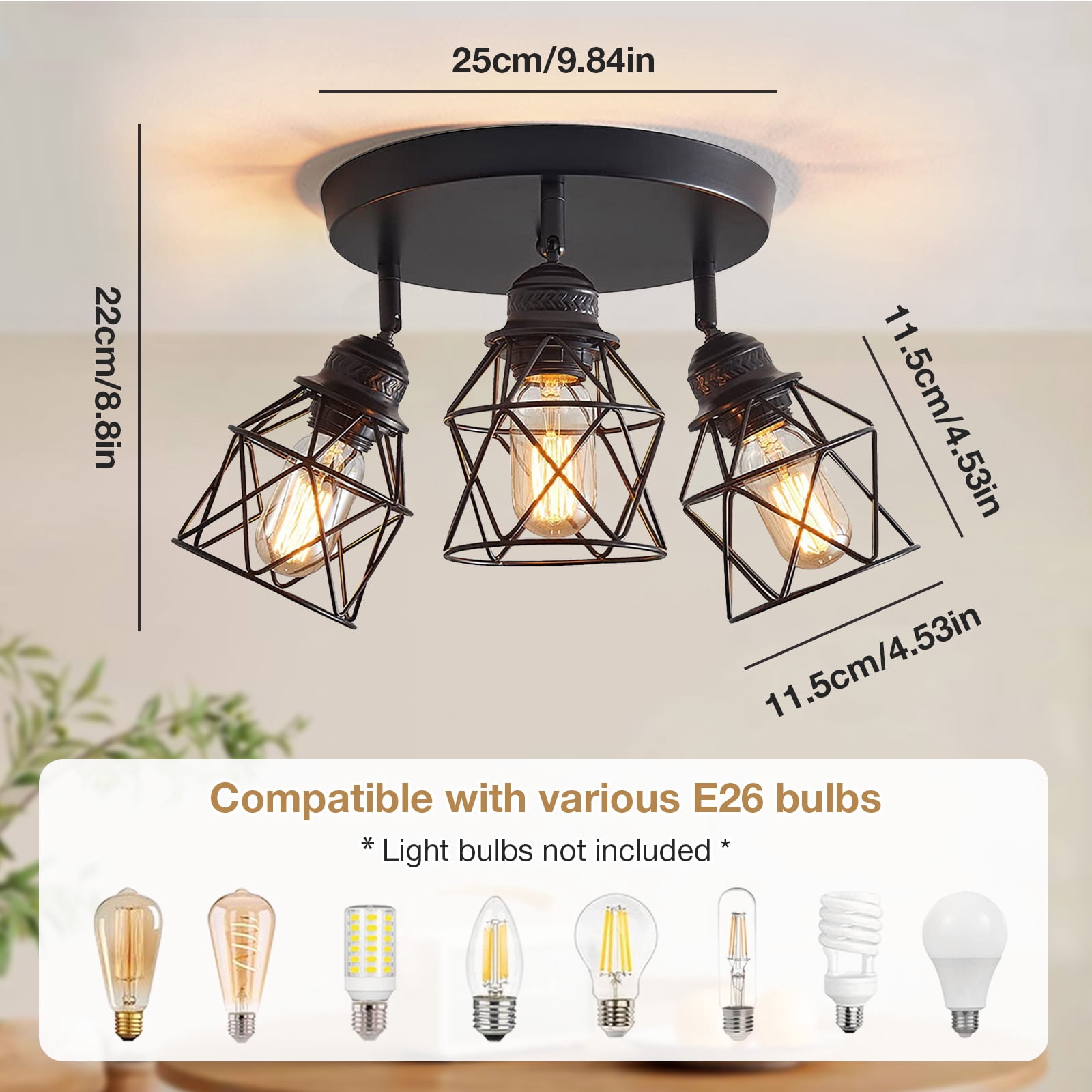 DONGPAI Semi Flush Mount Ceiling Light with E26 Base, Adjustable Multi-Directional Kitchen Ceiling Light Fixture, Farmhouse Black Metal Cage Ceiling Lamp for Dining Room Bedroom Hallway(No Bulbs)