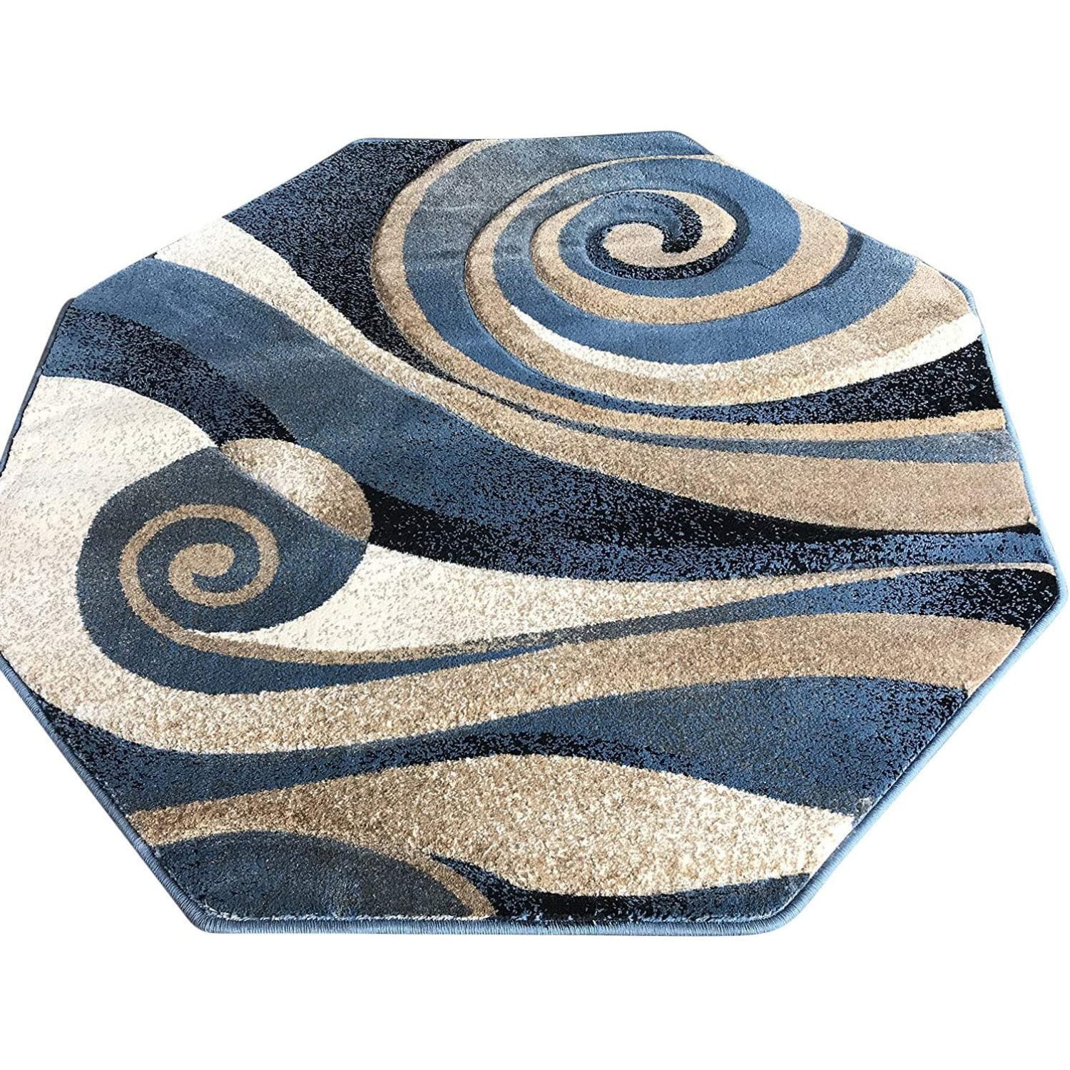 Sculpture Modern Octagon Contemporary Area Rug Blue Black Beige Ivory